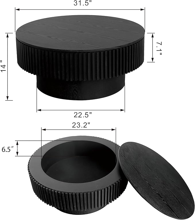 31.5" Round Coffee Table with Hidden Storage Compartment, Modern Handcraft Fluted Drum Coffee Table, Wooden Circle Center Table Cocktail Tea Table with Sturdy Pedestal for Living Room, Black