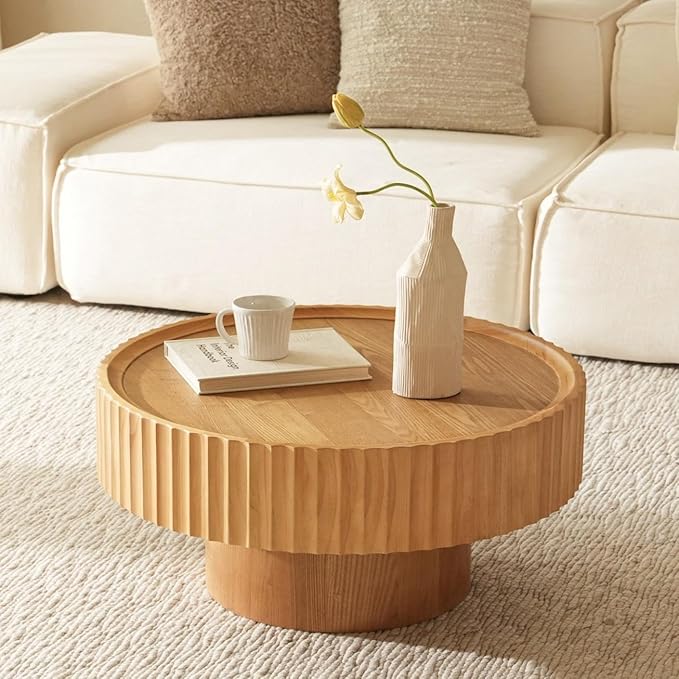 Round Coffee Table with Storage, 30.3” Fluted Drum Modern Living Room Table, Circle Wood Center Tables, Accent Mushroom Shape Coffee Tables for Living Room, Apartment(30.3''L×13.7''H)