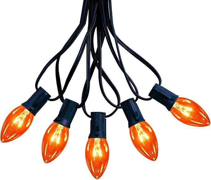 C9 Orange Halloween String Lights, 25Ft Christmas Outdoor String Lights with 26 Clear Orange Bulbs(1 Spare), Hanging Patio Lights for Outdoor Halloween Christmas Roofline Party Decoration- Black Wire