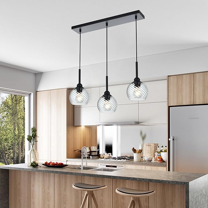 3 Light Linear Island Lights with Striped Swirl Globe Glass, Black Kitchen Hanging Pendant Light Fixture Farmhouse Chandelier for Dining Room Bar Living Room