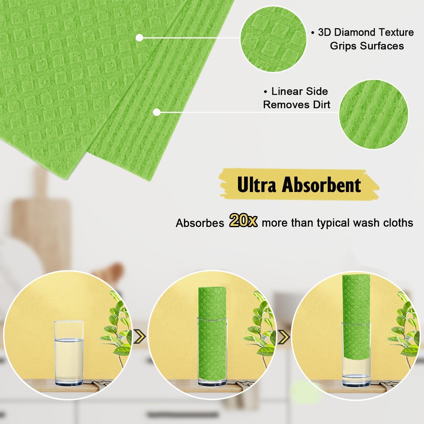 Swedish Dishcloths for Kitchen | 6 Pack Absorbent Cellulose Sponge Cloths Washable | Non-Scratch Reusable Paper Towels Quick Drying Cleaning Cloths - Lime Green