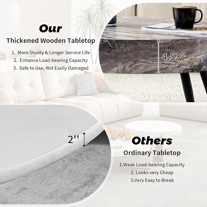 LKTART Coffee Table for Living Room, Round Wood Coffee Tables, Modern Metal Accent Center Tea Table for Apartment Small Space (31Inch-Marble Grey)