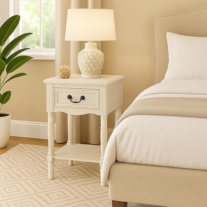 Urban Designs Wooden Accent Table/Nightstand with Drawer and Bottom Shelf – 29" H, 16" L x 16" W - White
