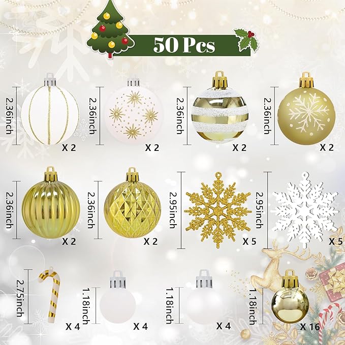 50Pcs Christmas Tree Ornaments - 2.36''/60mm Christmas Ball Ornaments Set for Xmas Tree Holiday Party Wedding Home Decorations (Gold & White)