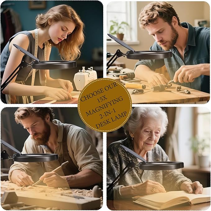 15X Magnifying Glass Desk Lamp with Clamp and Base, Real Glass Lens, 84 LEDs, 5 Color Modes Dimmable, Led Lamp Magnifier with Dust Cover, Clean Cloth, Ideal Gift for Seniors, Crafters, Hobbyists