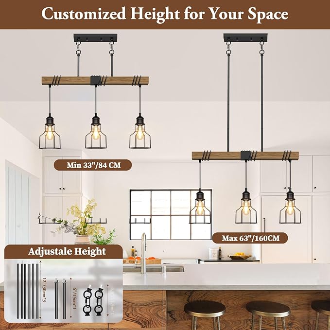 3-Light Kitchen Island Lighting, 63" Adjustable Height Pendant Light Fixtures Black Metal & Rustic Wood Modern Dining Room Linear Chandelier Over Table with E26 Base for Farmhouse Bar