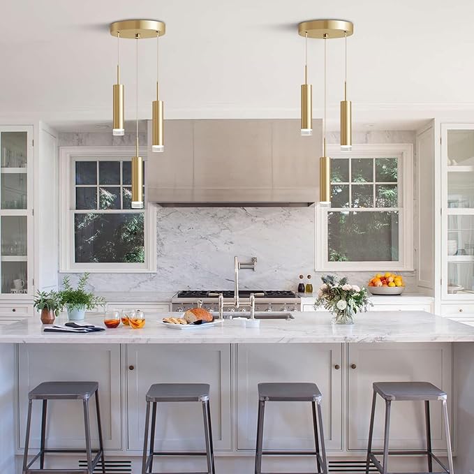 KCO Lighting 3-Light Gold Cylinder Kitchen Island Pendant Light Brushed Brass Metal Long Tube Bar Cluster Pendant Lighting Industrial Farmhouse Adjustable Hanging Ceiling Light Fixture