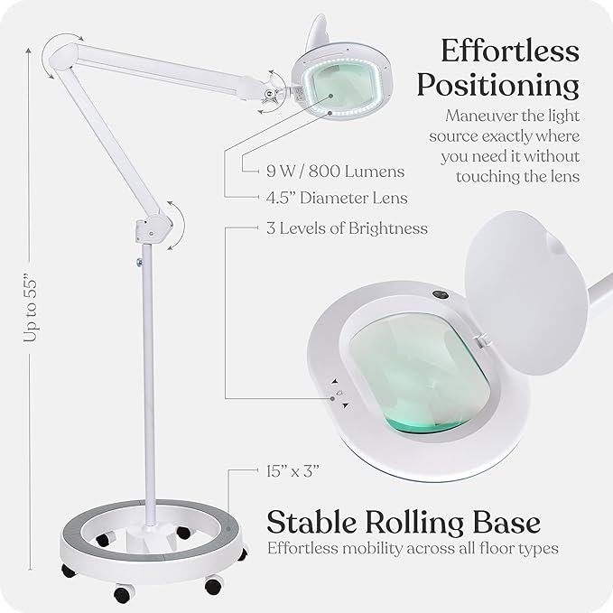 Brightech LightView Pro Magnifying Glass with Stand and Light – Magnifying Floor Lamp with 6-Wheels on a Sturdy Base for Facials – LED Work Light with XL Magnifier Glass for Crafts and Projects