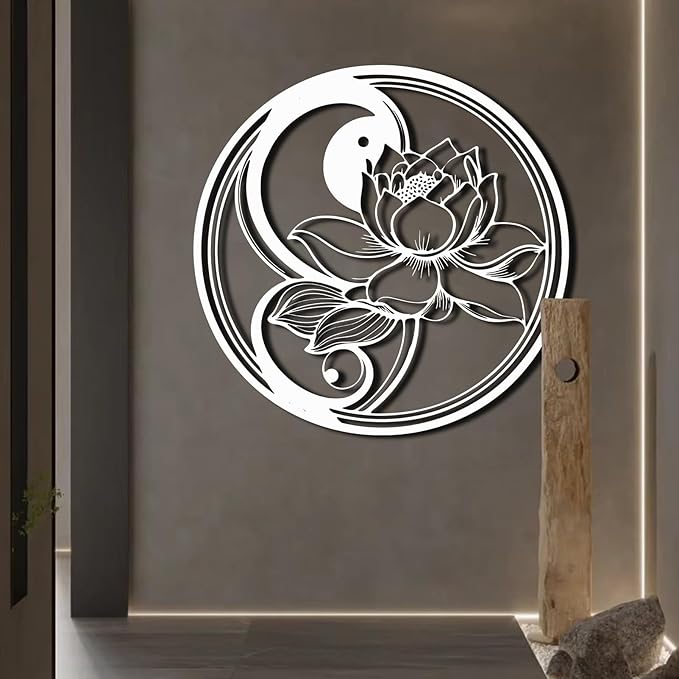 Yin Yang Lotus Flower Metal Wall Art, Metal Lotus Flower Wall Decor, Yin Yang Metal Wall Art, Yoga Sign Wall Art, Metal Wall Art for Living Room, Bedroom, Yoga Studio (Gold, 39"x39"/100x99cm, metal wall art)