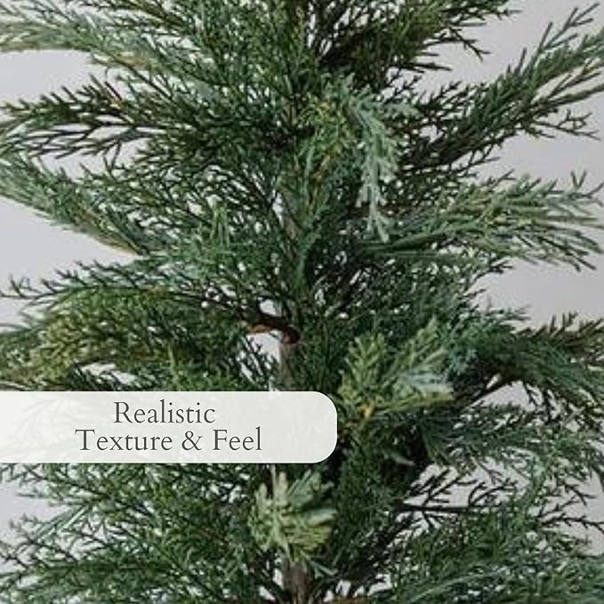 CG Hunter Holiday Collection, Set-of-2 Faux Evergreen Cedar Trees, Premium Artificial Indoor & Outdoor Cedar Tree Stands 24" Tall in Creme Pot–Perfect Christmas Decoration
