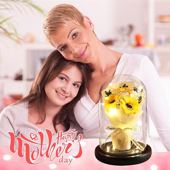 Christmas Sunflower Gifts for Her,Flower Rose in Glass Dome with 2 Lighting Mode,Sunflower Gifts for Mom,Artificial Forever Flowers Xmas Birthday Gifts for Women Mom Wife Girlfriend Sister Friend