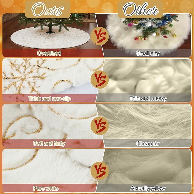 Libima 84 Inch Large White Christmas Tree Skirt with Gold Sequin Snowflakes Plush Faux Fur Christmas Tree Skirt for Xmas Holiday Winter Decorations