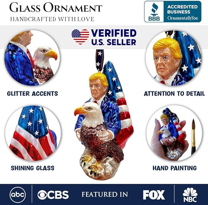 Exclusive Premium President Trump Glass Christmas Ornament, American Bald Eagle MAGA Tree Decor