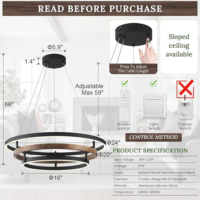 3 Ring LED Chandelier Black Round Chandelier Light Fixture Dimmable Farmhouse Foyer Chandeliers Light Wood-Printed Circular Chandeliers for Dining Room Entry Bedroom Office Living Room 24in