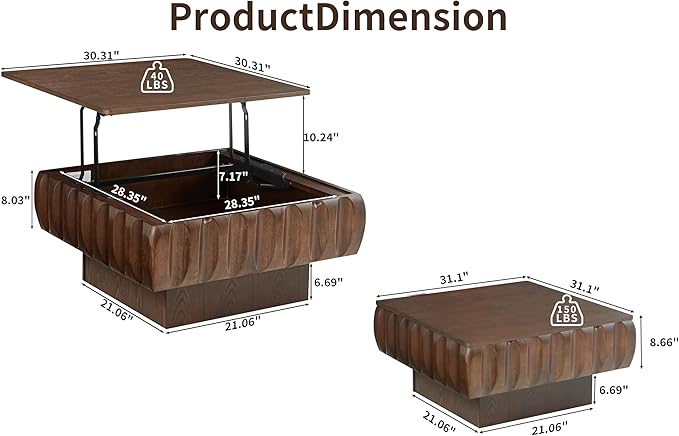 LKTART 31" Lift Top Coffee Table for Living Room, Fluted Coffee Table with Hidden Storage Compartment, Mid Century Modern Solid Wood Veneer Square Center Table for Office Apartment Small Space, Walnut