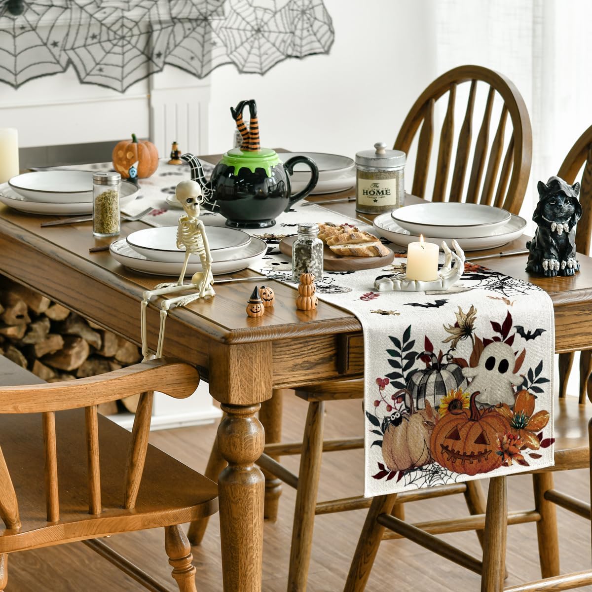 Artoid Mode Pumpkin Ghost Leaves Spider Web 210 GSM Halloween Table Runner, Spooky Kitchen Dining Table Decoration for Home Party Decor 13x108 Inch