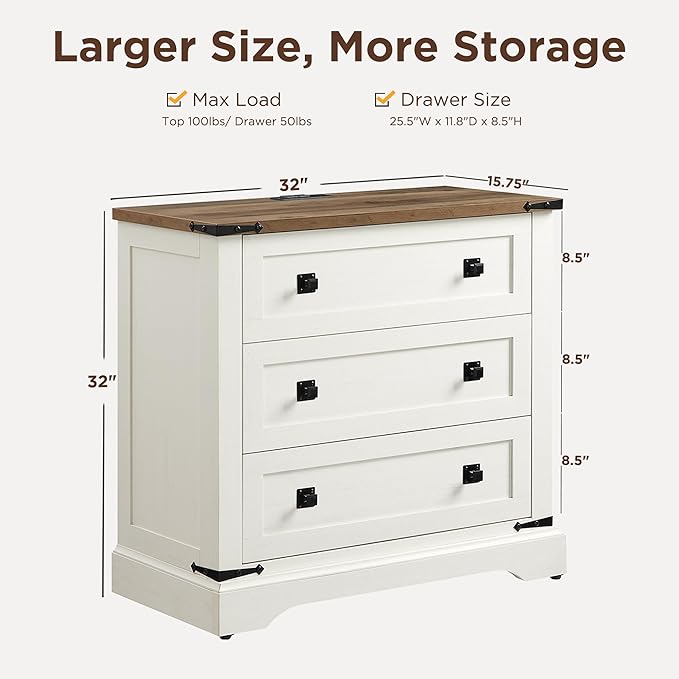 T4TREAM 32" Farmhouse Nightstand with Charging Station Set of 2, Large End Table with 3 Storage Drawers, Rustic Wood Bedside Table for Bedroom, Living Room, Antique White