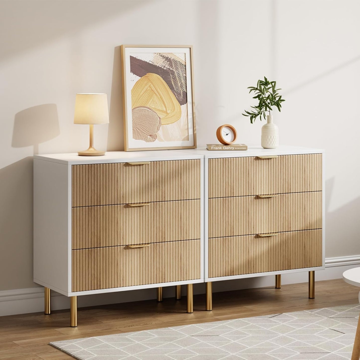 GAOMON 3 Drawer Dresser, Wood Chest of Drawers Organizer Storage with Gold Handle, Small Storage Cabinet, Modern Design Dresser for Bedroom, Living Room, Closet, Hallway, Entryway, Natural