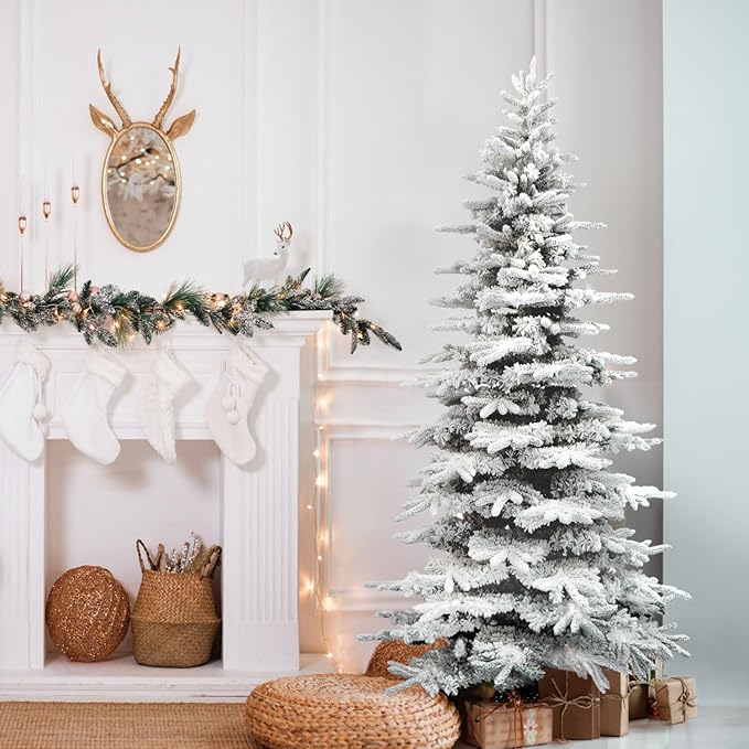 Fraser Hill Farm Pine Valley Flocked Christmas Tree, 6.5 Feet Tall | Holiday Tree with Metal Base Perfect Home Decor | Snowy Xmas Tree with No Attached Lights | FFPV065-0SN