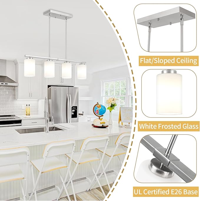 4-Light Kitchen Island Lighting, Brushed Nickel Dining Room Light Fixtures Over Table, Modern Farmhouse Chandeliers with Milky Glass Shade Pendant Light for Dining Room Kitchen Island