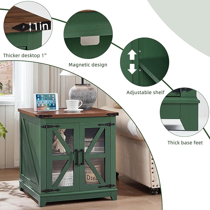 Farmhouse End Table Set of 2, 24" Large Sofa Side Table with Charging Station Glass Barn Door, Wood Nightstand with Adjustable Storage Shelf, Square Bedside Table for Living Room, Bedroom,Office-Green