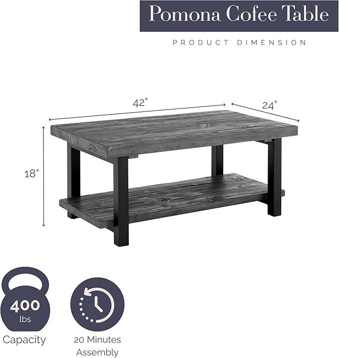 Pomona 2-Tier Rectangular Coffee Table - 42-Inch Reclaimed Wood Top with Lower Shelf Storage and Metal Legs - Farmhouse Rustic Industrial Style Living Room & Office Furniture (Slate Gray)