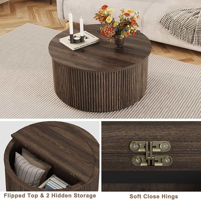 FATORRI Round Coffee Table, Fluted Woodern Center Table with Storage, Mid-Century Modern Cocktail Tables for Small Space, Living Room, Bedroom (31.5 Inch, Dark Walnut)