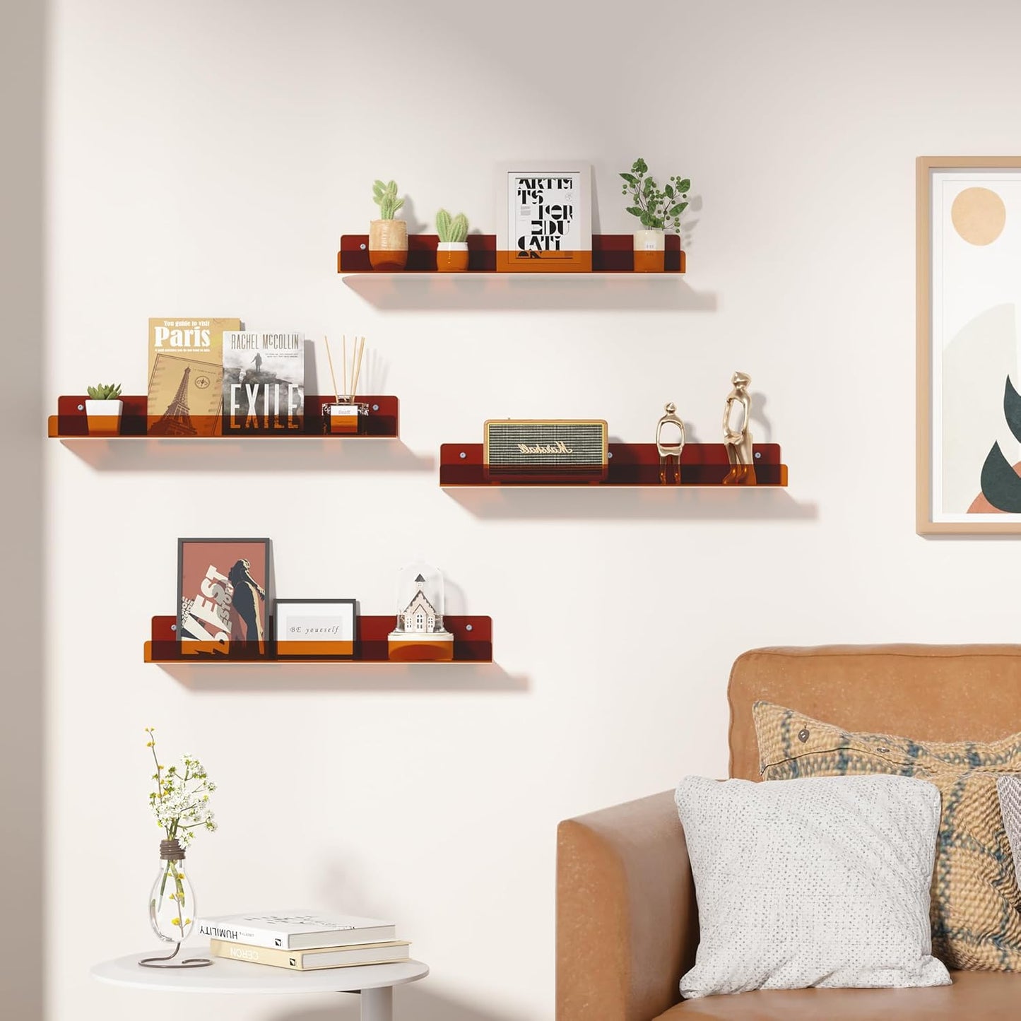 upsimples Acrylic Shelves for Wall Decor, 15" Display Shelf Perfume Organizer for Bathroom, Bedroom, Living Room, Floating Bookshelves for Kids, Clear Brown, 4 Pack
