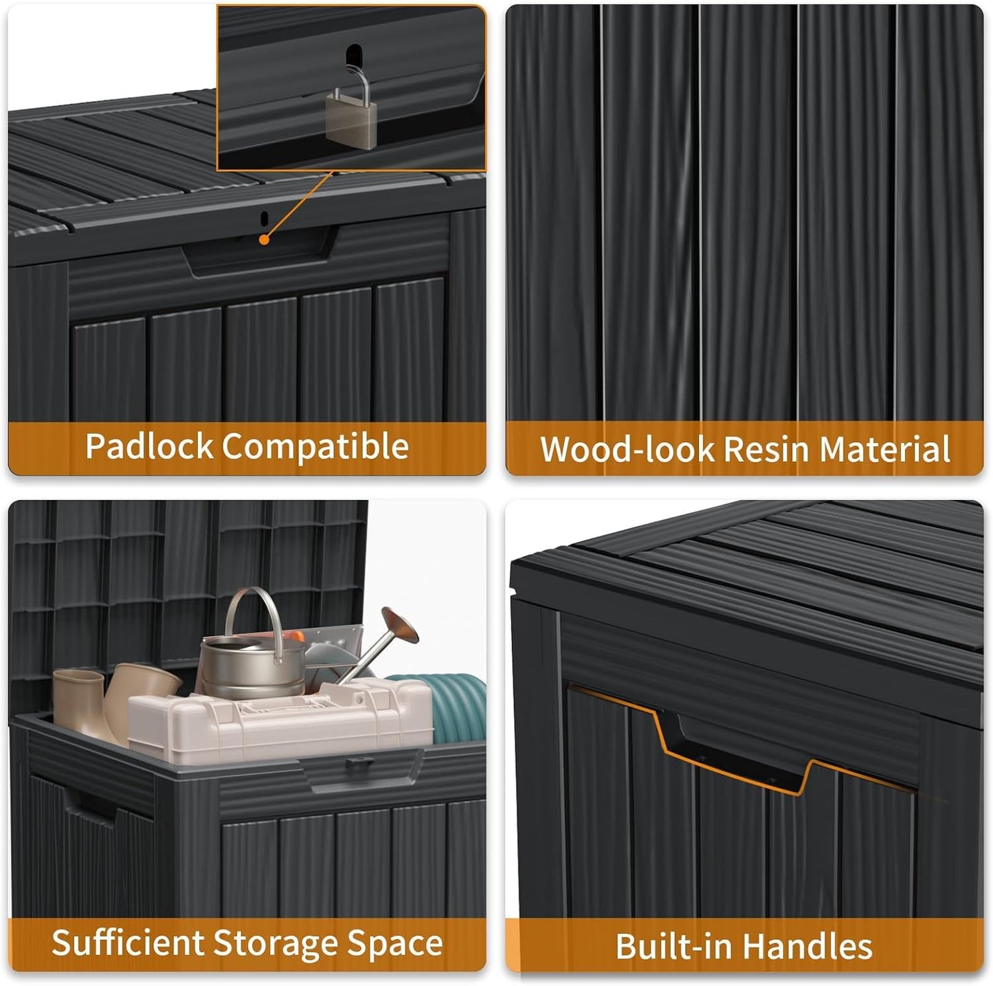 28 Gallon Resin Deck Box, Lockable Outdoor Storage Box for Patio Cushions Storage Furniture,Garden Tools, Pool Supplies, Weatherproof and UV Resistant（Black）