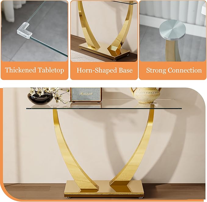 47" Glass Console Table, Modern Rectangular Sofa Table with Tempered Glass Top and Gold Horn-Shaped Stainless Steel Base for Living Room, Entryway, Hallway