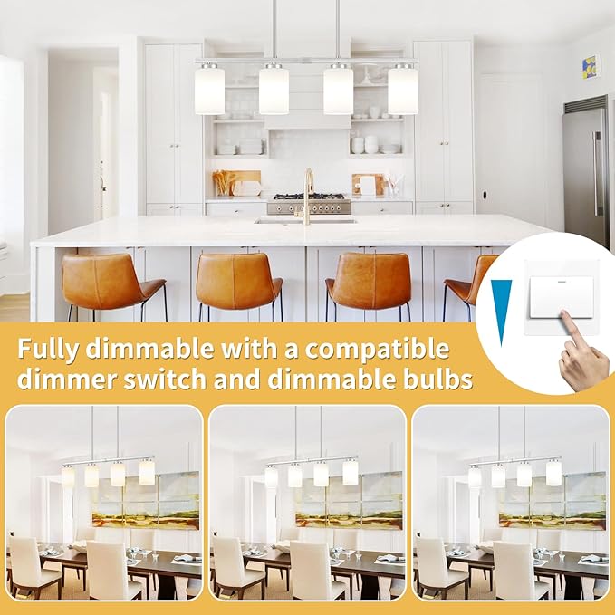 4-Light Kitchen Island Lighting, Brushed Nickel Dining Room Light Fixtures Over Table, Modern Farmhouse Chandeliers with Milky Glass Shade Pendant Light for Dining Room Kitchen Island