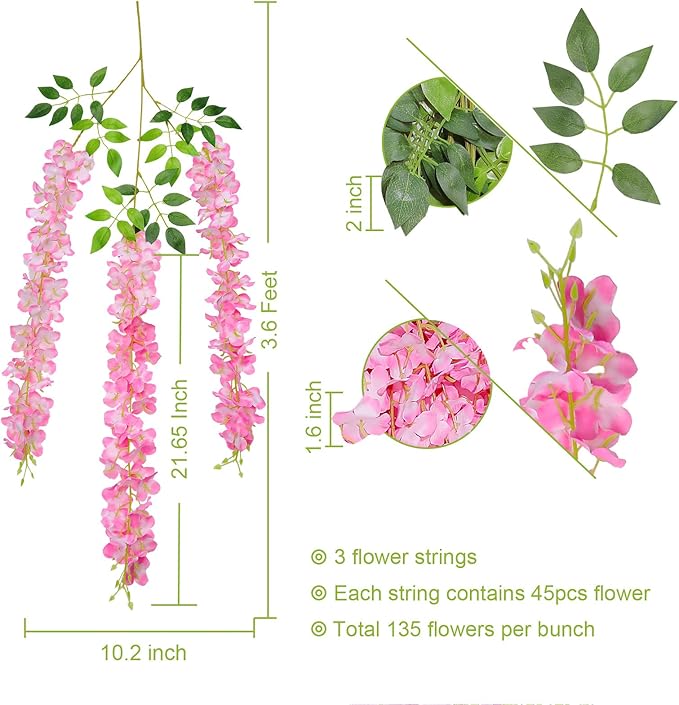 U'Artlines 24 Pack (Total 86.4 Feet) Artificial Fake Wisteria Vine Rattan Hanging Garland Silk Flowers String Home Party Wedding Decor (24, Pink)