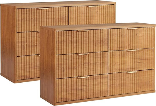 LEYAOYAO Fluted 6 Drawers Dresser Set of 2, 48" Wide Modern Chest of Drawers with Wood Grain Top, Curved Profile Design, Dresser TV Stand, Wooden Drawer Organizer for Bedroom, Living Room,Brown
