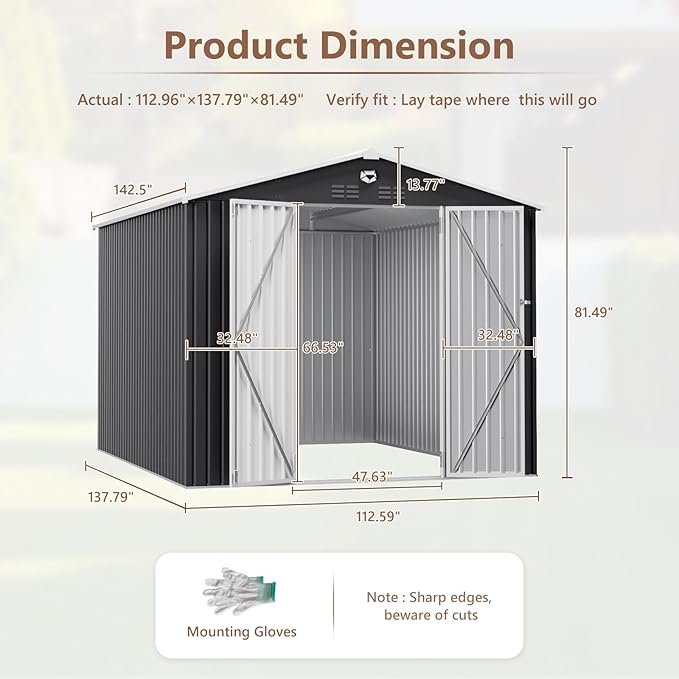 10X12 FT Outdoor Storage Shed, Metal Garden Shed - Tool Storage Sheds with Lockable Doors, Waterproof Outside Storage Building for Backyard, Patio (Black; Floor Not Included)