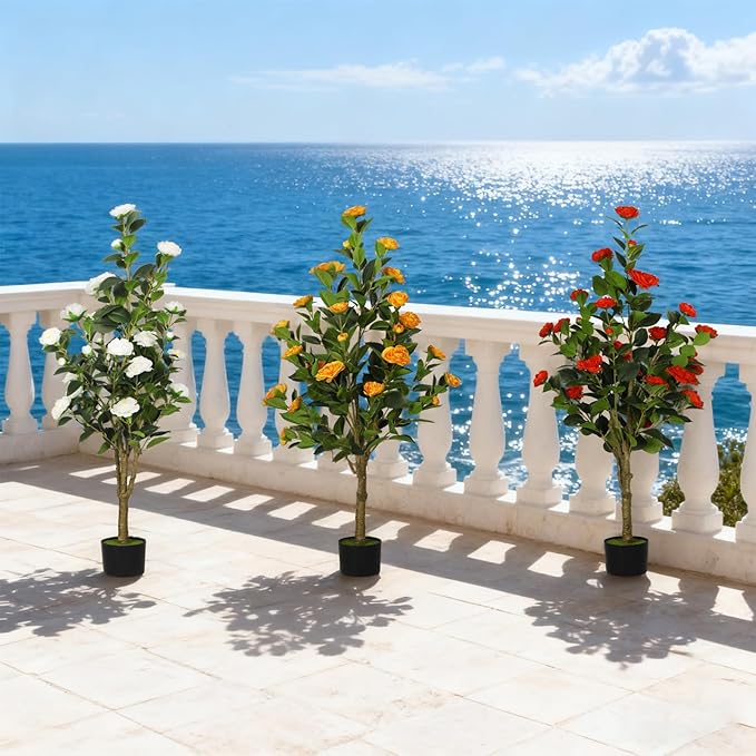 2-Pack 4FT Artificial Camellia Tree,Realistic Fake Potted Plants with Flowers&Planters,Indoor/Outdoor Faux Flowering Trees for Home,Office,Porch,Wedding,and Housewarming Gift Decor,Red