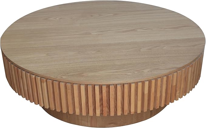 39" Round Coffee Table with Hidden Storage Compartment, Modern Handcraft Fluted Drum Coffee Table, Wooden Circle Center Table Cocktail Tea Table with Sturdy Pedestal for Living Room, Natural