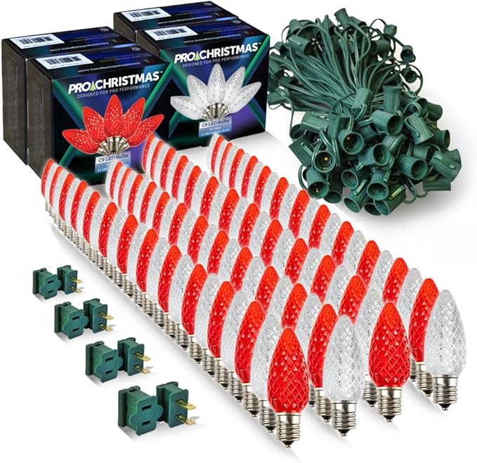 Pro Christmas C9 LED Christmas Light Kit for Rooflines & Pathways – DIY Cut to Length, Outdoor Commercial Grade (Green Wire w/Vampire Plugs, 100 Bulbs, 100 ft) Pure White and Red