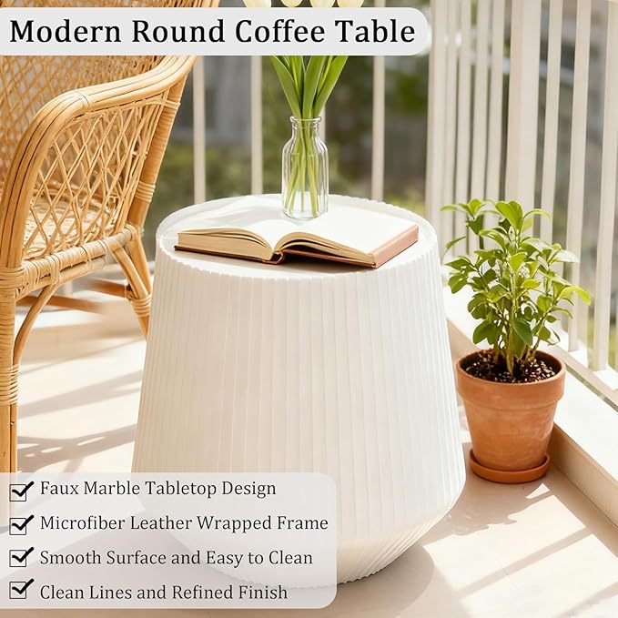 19.68" White Round Coffee Table, Drum Coffee Table with Sintered Stone Tabletop and Fluted PU Leather Covered and Stable Base, Circle Cocktail Tea Table for Living Room