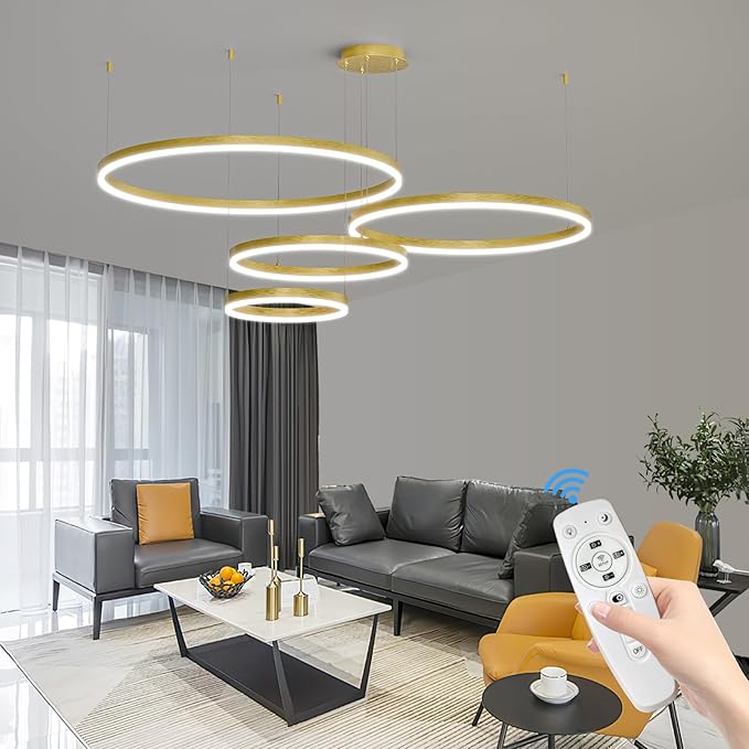 Modern LED Chandelier Light, 4 Ring Gold Pendant Lighting Fixture, Adjustable Hanging Ceiling Lamp for Dining Room, Kitchen Island, Entryway, Living Room, Dimmable Dining Light Over Table