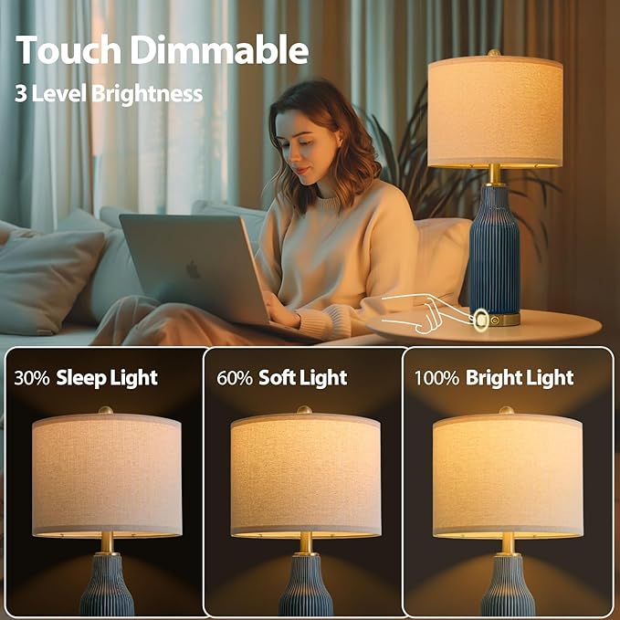 24.5" Modern 3-Way Dimmable Touch Control with USB A+C Ceramic Lamps Set of 2 Table Lamp for Living Room Bedroom Farmhouse Nightstand Bedside Blue