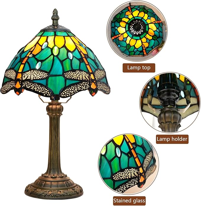 Tiffany Lamp Style Stained Glass Table Lamp Teal Dragonfly Green Bedroom Bedside Light for Office Dorm Bar Decor Retro Unique Cute fun Small Night Light Gift Aesthetic Accent Village Nightstand Lamps