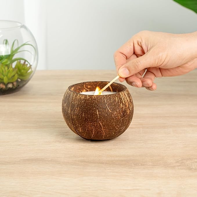Restaurantware-Coco Casa 3.9 x 2.8 Inch Coconut Shell Candle, 1 Hand Poured Coconut Bowl Candle - Pineapple Papaya Fragrance, Double Wax Blend, Soy Wax Scented, Wooden Wick