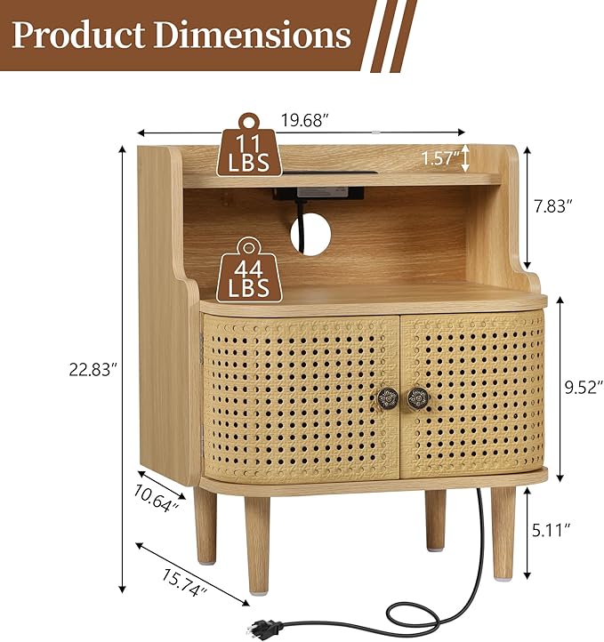 Metal Rattan End Table Set of 2 with Charging Station, Mid Century Modern Nightstand with 2 Doors, Bed Side Table with Storage for Couch,Living Room, Sofa Side Table for Office,Dorm - Natural