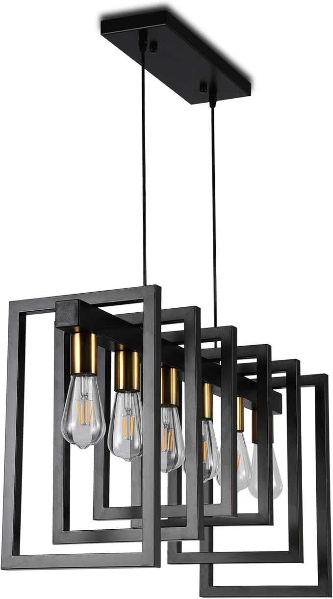SomSom Modern Kitchen Island Light Pendant Chandelier 6-Light Ceiling Light Industrial Pendant Lighting Fixture Matte Black with Antique Brass Finish