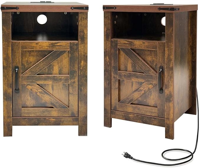Brown Farmhouse Nightstand Set of 2, Rustic End Table with Barn Door and Shelf, Bedside Table with Charging Station for Living Room, Bedroom