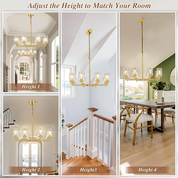 Sucolite 33.5'' 8-Light Chandelier for Dining Room Kitchen Island, Modern Farmhouse Pendant Lighting with Glass Shades Industrial Gold Hanging Ceiling Light Fixture for Living Room, Height Adjustable