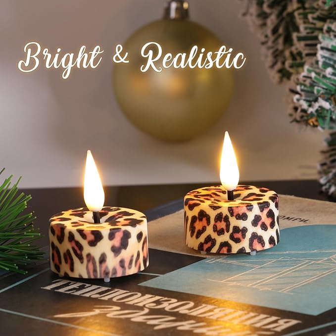 Eywamage Leopard Flameless Tealights with Remote Batteries, Flickering Cheetah LED Tea Votive Candles Christmas Gift Set of 12