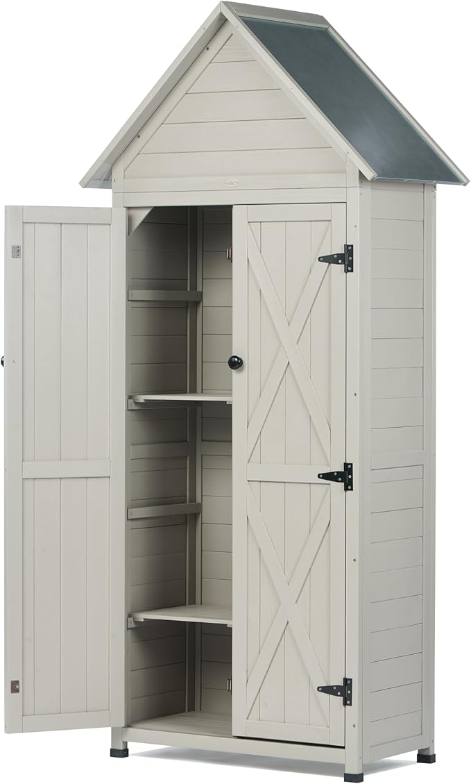 Outdoor Storage Shed with Floor & Adjustable Shelves, Wooden Garden Tool Cabinet Weatherproof, 71" Vertical Patio Organizer
