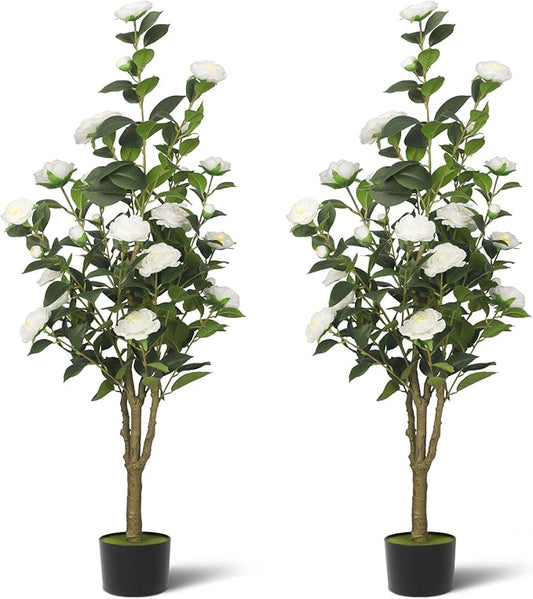 2-Pack 4FT Artificial Camellia Tree,Realistic Fake Potted Plants with Flowers&Planters,Indoor/Outdoor Faux Flowering Trees for Home,Office,Porch,Wedding,and Housewarming Gift Decor,White