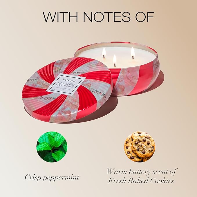 Voluspa Crushed Candy Cane, 3 Wick Tin Candle, 12 oz, 40 Hour Burn Time, Coconut Wax for Clean Burning, Handcrafted in The USA